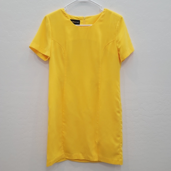 💕 Metro Style Yellow Cap Sleeves Mini Sheath Dress Women's Size 6 Petite - Picture 10 of 10